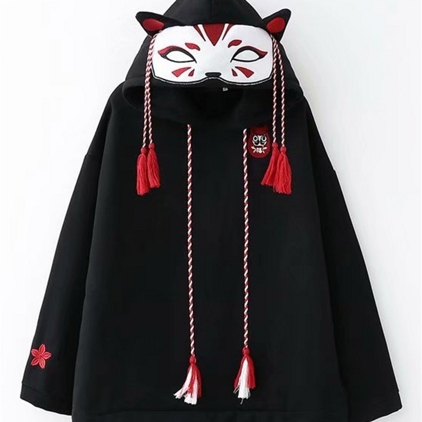 Japanese Retro 3D Fox Ear Embroidery Hoodie Cartoon Anime Girls Kawaii Hooded Pullover Hoodies Sweatshirt Harajuku Coat 201217