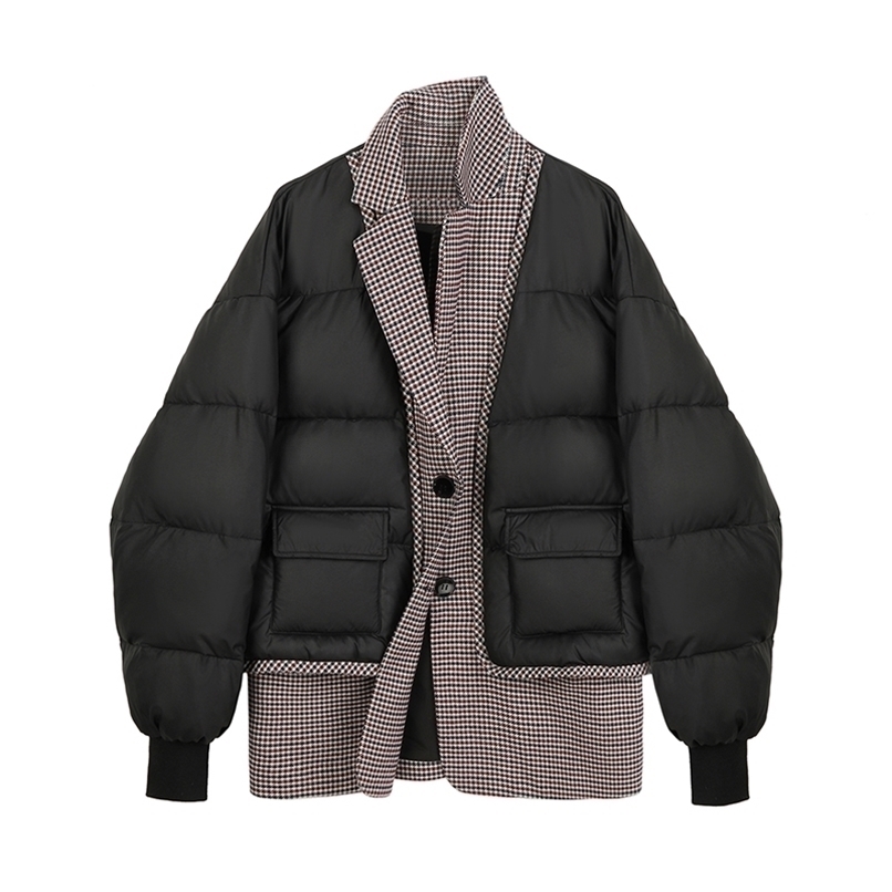Women's jacket oversize outwear Plaid Stitching black Lapel Long Sleeve Loose Fit Jacket Fashion Autumn winter 211108
Women's jacket oversize outwear Plaid Stitching black Lapel Long Sleeve Loose Fit Jacket Fashion Autumn winter 211108