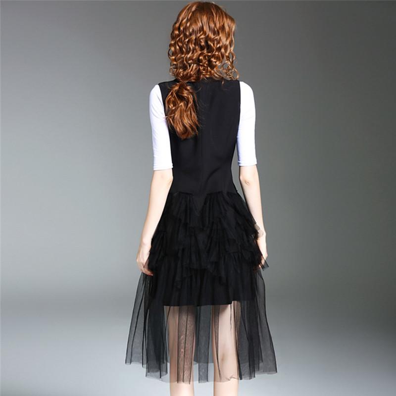 Women's Vests Lace Spliced Vest Waistcoat Ruffles Pleated Women Suit Coat Sleeveless Jacket Tailored Collar Black Female Long Coats