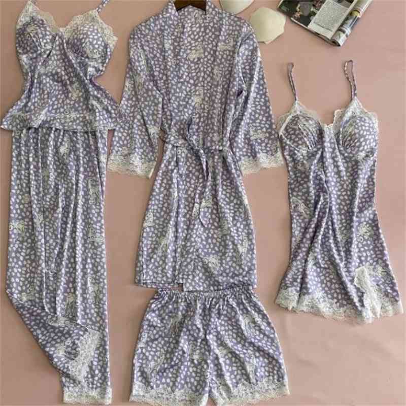 Femme de sommeil femme garniture pyjama costume 5pcs dormir ensemble féminin décontracté décontracté printemps printemps chemise de nuit sexy sal