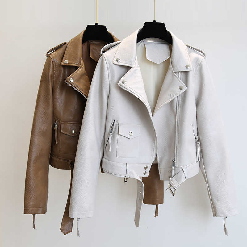 Ailegogo Spring Autumn Women Faux Leather Jacket Streetwear Khaki Leather Coat Biker Moto Jacket with Belt Female Outerwear 210908