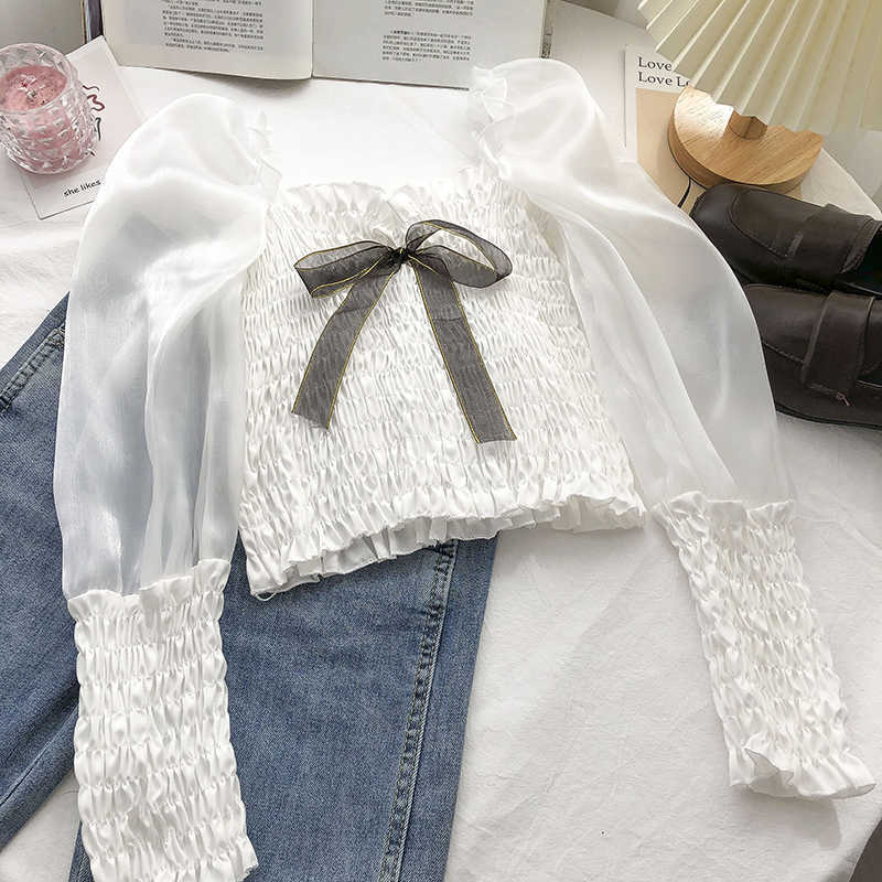 Short Women Doll Shirt Bow Tie Square Collar Puff Sleeve Blouse Top Spring Stretch Slim Crop Blusas 6F171 210603