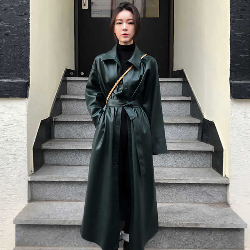 Fitaylor PU Leather Long Jacket Spring Women Loose Belt Faux Leather Windbreaker Trench Coat Slim Spring Jacket 210909