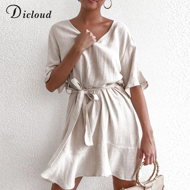 DICLOUD Casual Solid Cotton Linen Dresses Women Summer Short Sleeve V Neck Mini Party Dress Ladies Aline Summer Outfit 210303