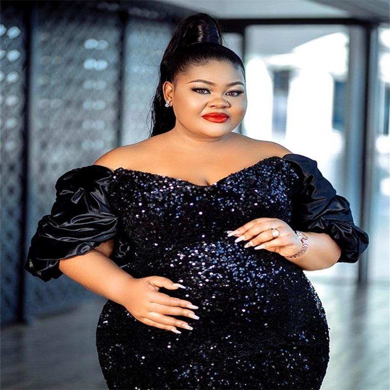 Sparkly Black Sequined Mermaid Formal Evening Dresses For Pregnant Women Plus Size V Neck Prom Gowns Short Sleeve Special Occasion Dress 2022
