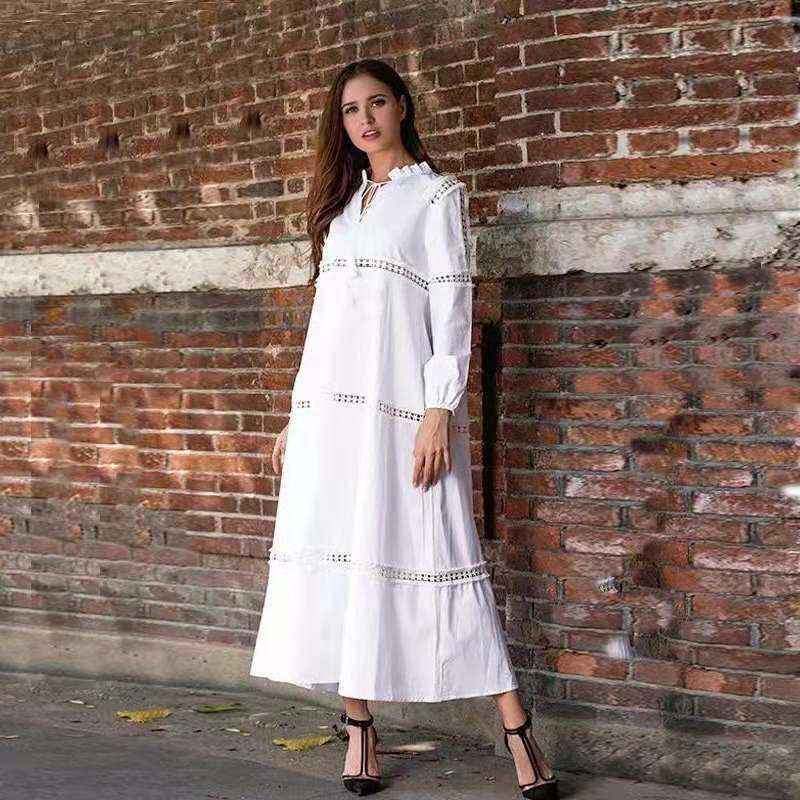Spring Lace Patchwork Plus Size Long Beach O-Neck Ankle-Length White Dress Women 210615