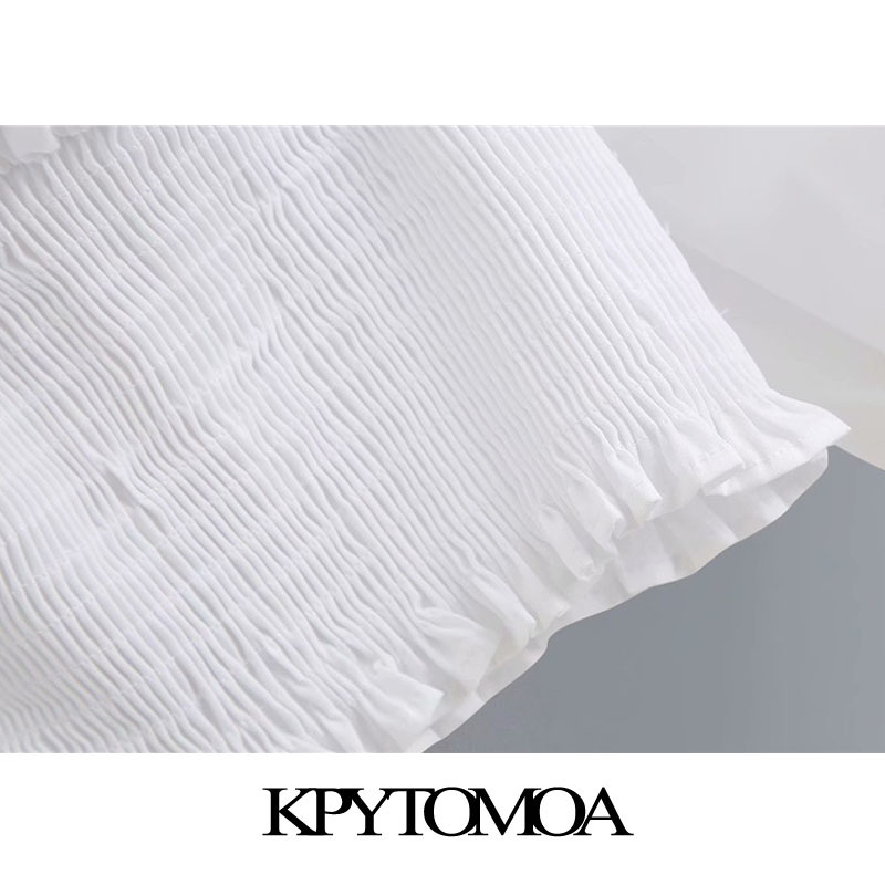 KPYTOMOA Women Sweet Fashion Ruffled Trims Cropped Blouses Vintage Slash Neck Smocked Hem Female Shirts Blusas Chic Tops 210225