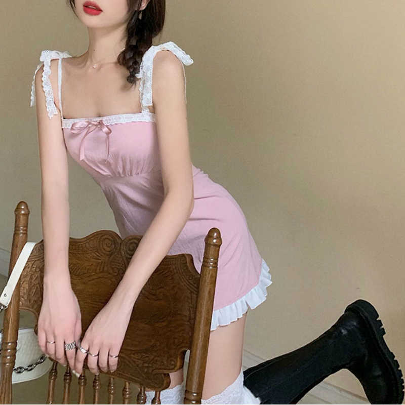 Lace Pink Girl's Dress Waist Hugging Slimming French Dress Summer Style Temperament Dress 210630