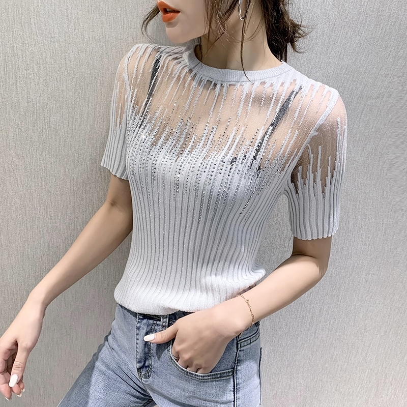 Summer Korean Clothes Knit T-shirt Sexy Diamonds Transparent Women Tops Ropa Mujer Shirt Short Sleeve Elastic Tees T04915 210302