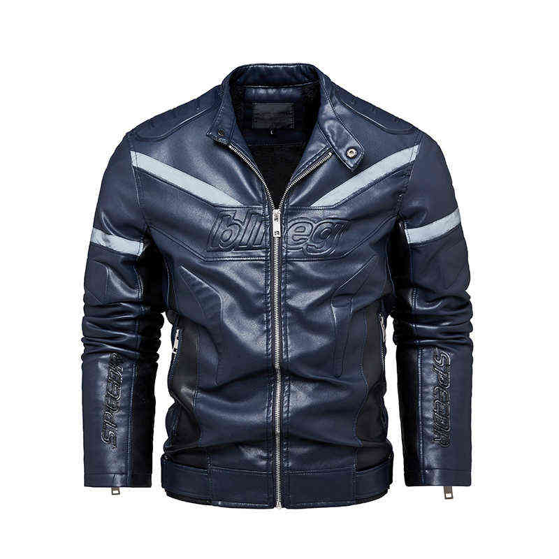 Men's Fashion PU Leather Jacket Night Reflective Motorcycle Jacket Warm Patchwork Winter Coat with Zipper Pocket 211106