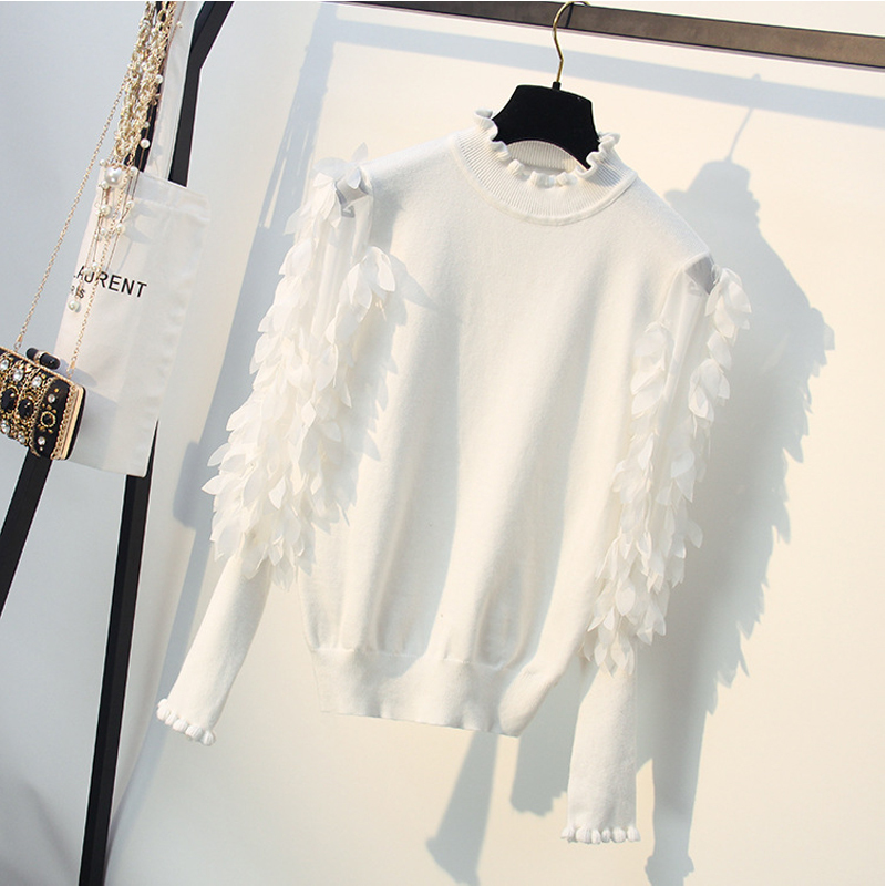 HLBCBG Ruffled Collar Knitted Women Sweater Spring Autumn Loose Jumper Fashion Flowers Sleeves Sweater and Pullover Femme Pull 210218