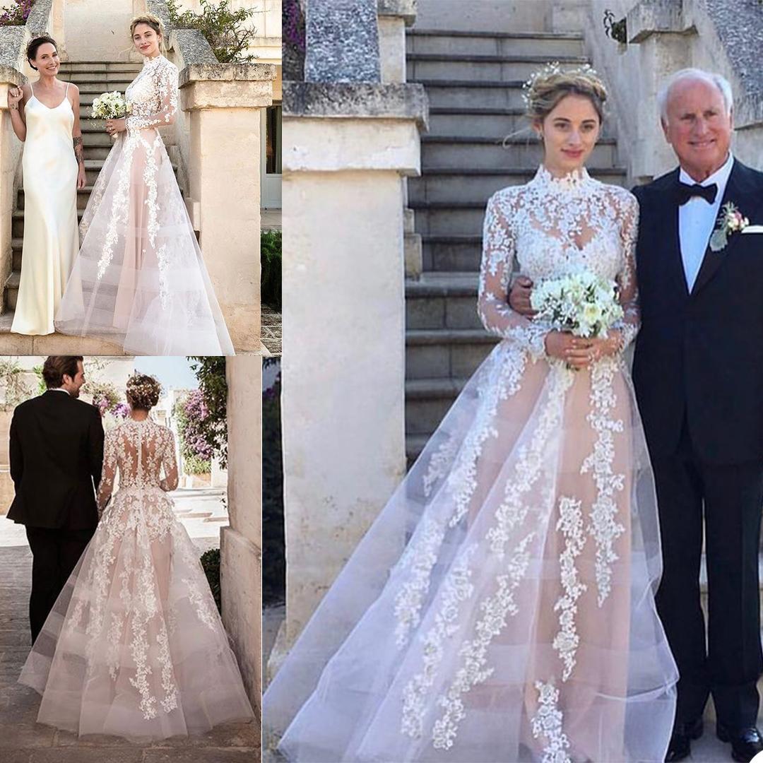 Neck High Dresses Lace Applique Long Sleeves Floor Length A Line Illusion Top Custom Made Castle Wedding Bridal Gown