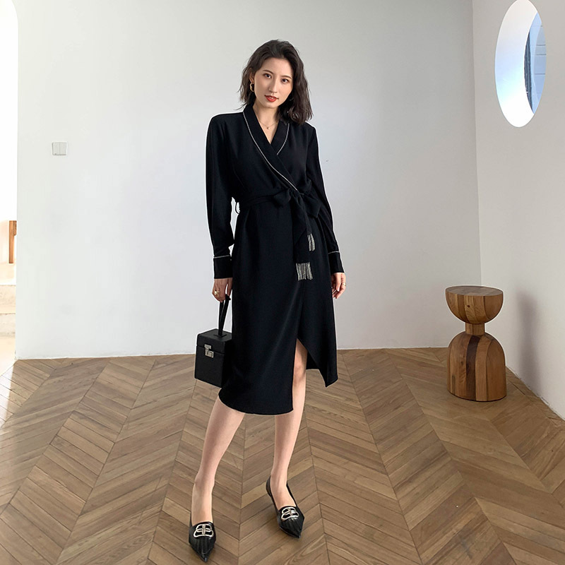 Shiny Vintage Black Chiffon Sashes Wrap Dress Ladies Long Sleeve Elegant Party Dresses Spring Autumn Women Clothes Vestidos 210303
