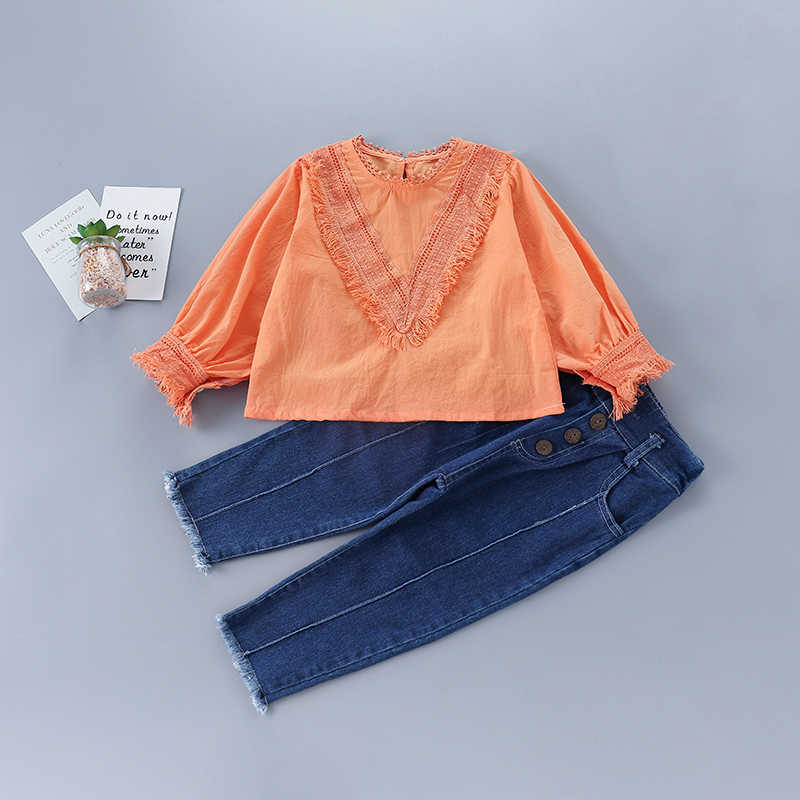 2-7 years high quality girl clothing set autumn fashion casual orange solid shirt + denim pant kid children 210615
2-7 years high quality girl clothing set autumn fashion casual orange solid shirt + denim pant kid children 210615