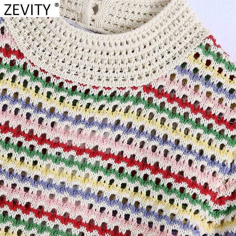 Zevity Women Stand Collar Rainbow Striped Casual Jacquard Knitting Sweater Female Chic Short Sleeve Pullovers Hollow Tops SW804 210918