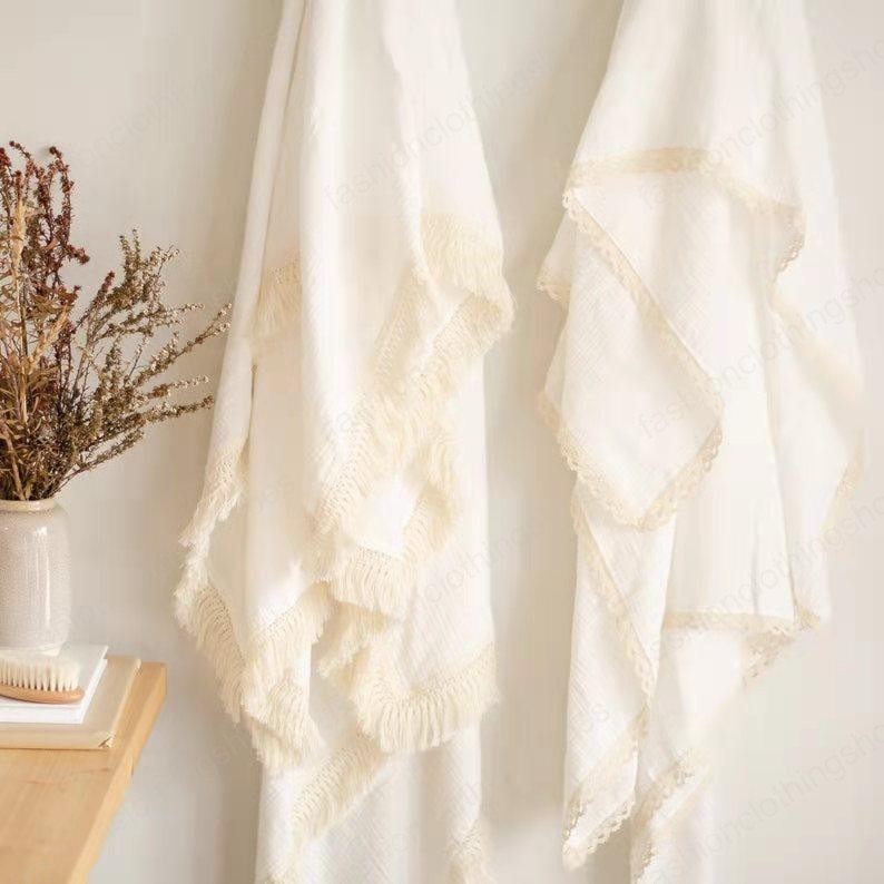 Baby Tassel Swaddling Blankets Newborn Muslin Windscreen Shawl Solid Candy Lace Double Cotton Gauze Cover Kids Fringe Bath Towel Nursery Bedding 19 Co