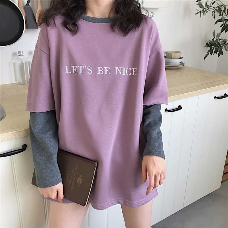 Autumn women's BF fake two long-sleeved t-shirt female ins Harajuku vintage chic letter print shirt fashion loose T-shirt 210608, Purple
Autumn women's BF fake two long-sleeved t-shirt female ins Harajuku vintage chic letter print shirt fashion loose T-shirt 210608, Purple