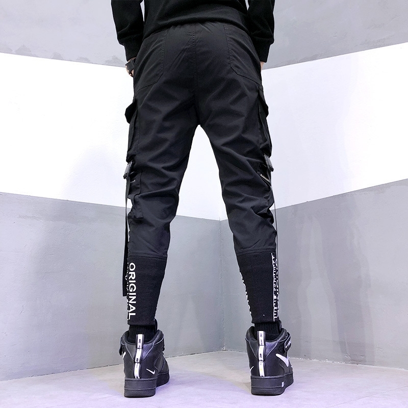 Men's Cargo Pants Hip-Hop Multi-Pocket Jogger Black Streetwear Ribbons Fashion Sweatpants Harem Casual 210810