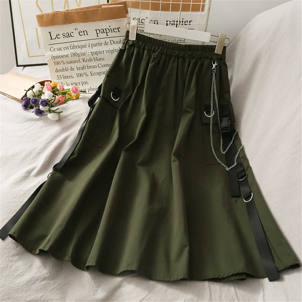 Harajuku Vintage Long Skirts Womens Summer High Waist Pockets Pleated Cargo Skirts Plus Size Ladies White Black Skirt jupe femme 210619wtt