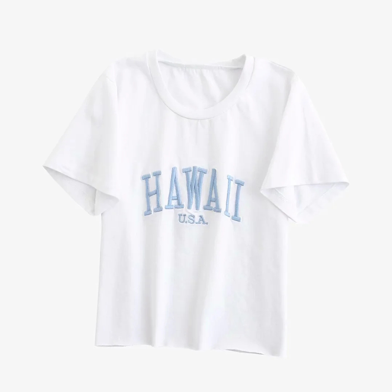 Women Embroidery Letters Washed Crop Tee with Raw Hem Short Sleeve Cotton Crop T-shirt In Blue 210306