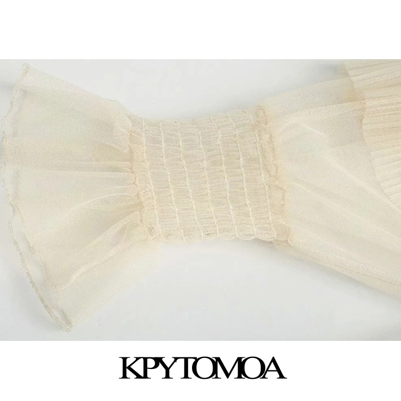 KPYTOMOA Women Fashion Pleated Ruffle Trims Tulle Mini Dress Vintage Long Sleeve With Lining Female Dresses Vestidos Mujer 210303