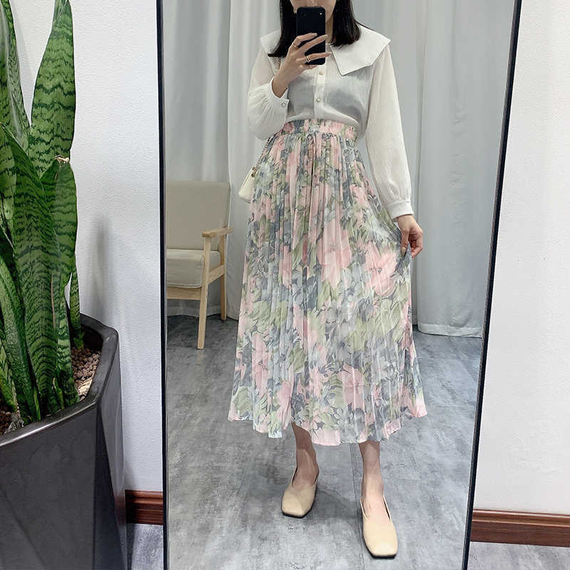 TIGENA Summer Chiffon Maxi Skirt Women Beautiful Floral Print Aesthetic A Line High Waist Pleated Long Female Lady 210621