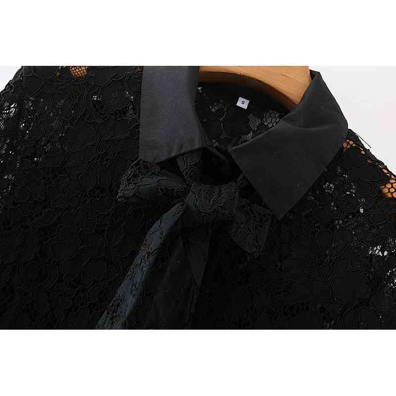 Elegant Women Black Hollow Out Shirts Fashion Ladies Floral Lace Tops Sweet Female Chic Slim Turn Down Collar Shirt 210527