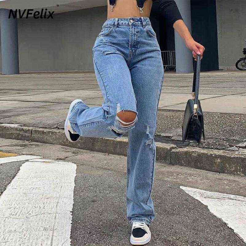 Fashion Rippde Jeans Women High Waist Straight Denim Mom Pants Baggy Jeans Women Washed Blue Casual Female Cotton Pants 211112