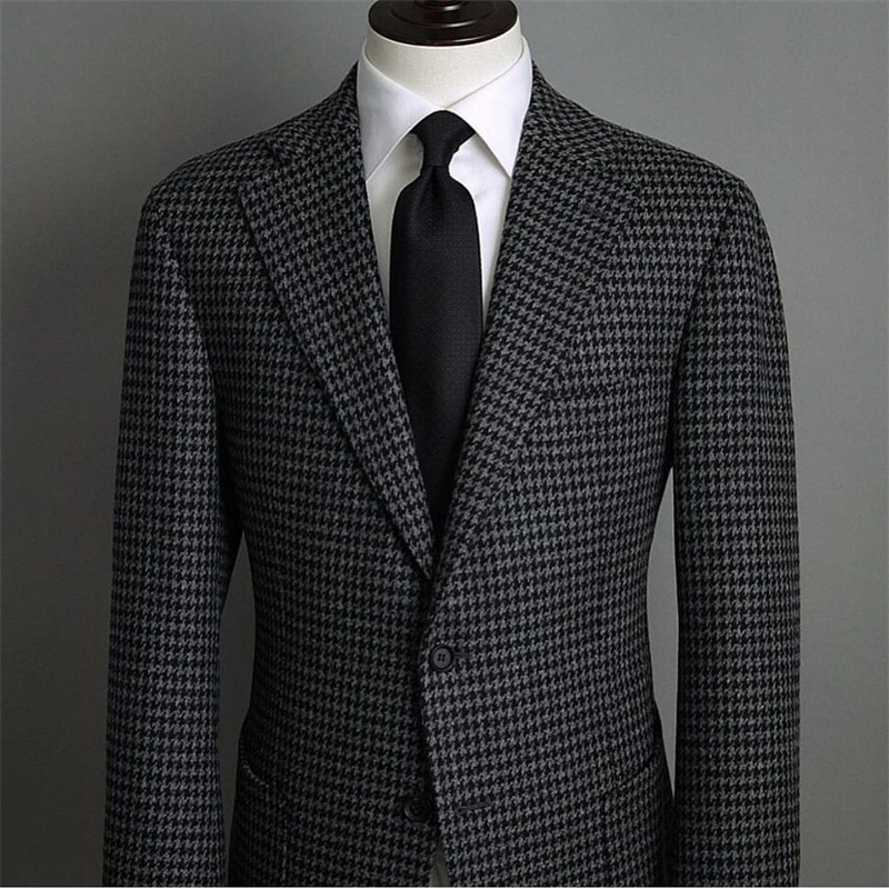 Houndstooth Men Suits Grey Custom Made Men Jacket Handsome Double Breasted Tuxedos Peaked Lapel Blazer Foamal Business Coat