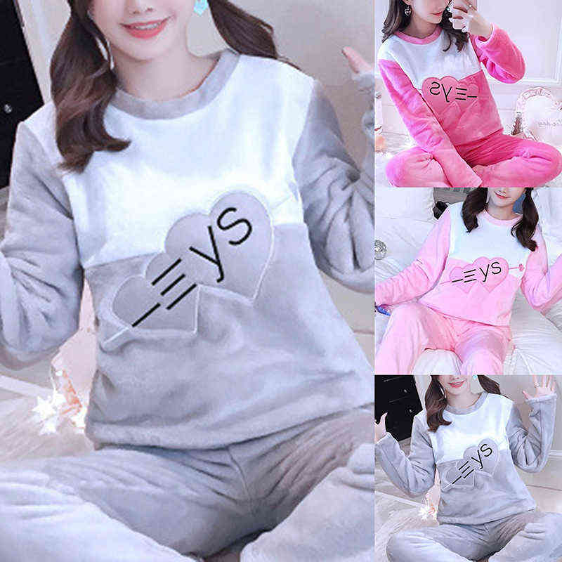 Autumn Winter Warm Flannel Women Pyjamas Set Thick Velvet Home Coral Long Sleeve Cartoon Sleepwear Flannel Pajama Nightwear 211109