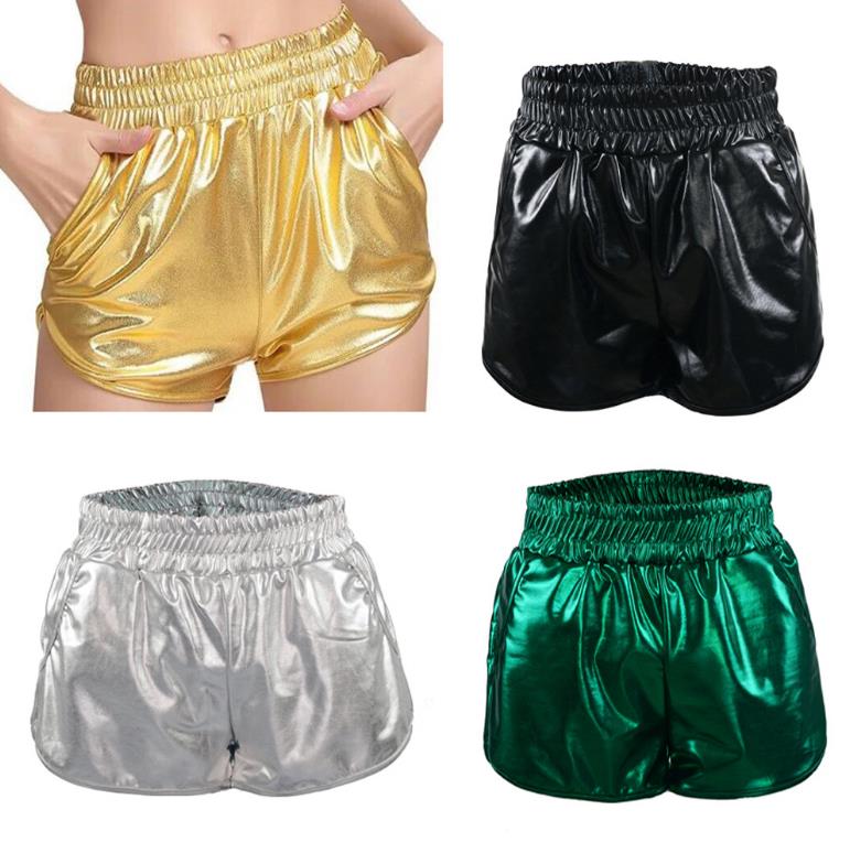Women's Metallic Shorts Rave Dance Stage Wear Shorters Shiny Pants Yoga Sparkly Hot Outfit Elastic Waist S-XXL
