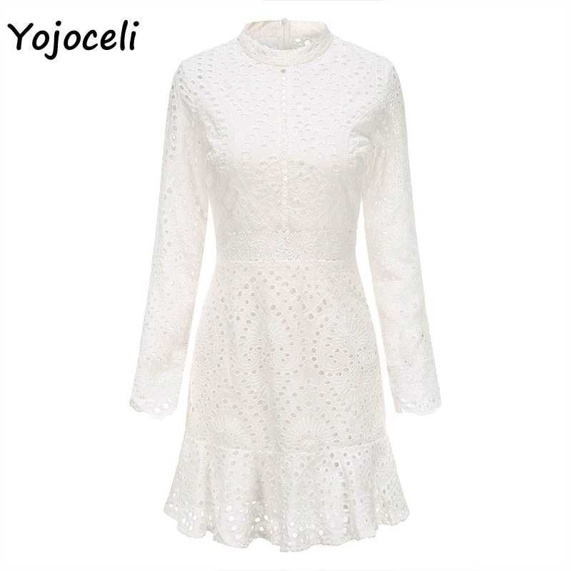 Yojoceli white cotton embroidery lace dres bodycon crochet party autumn winter 210609