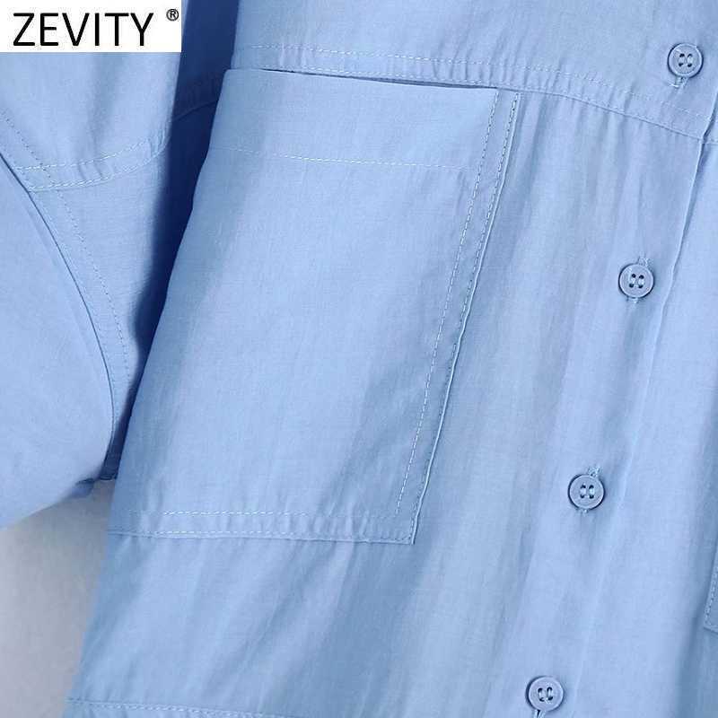 ZEVITY Women Fashion Pocket Patch Solid Color Casual Slim Shirt Dress Office Lady Elastic Waist Breasted Business Vestido DS8324 210603