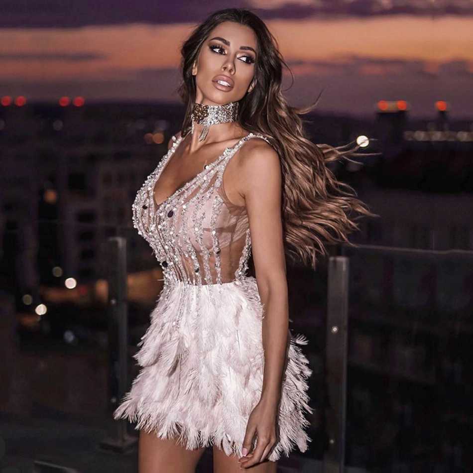 Summer Fashion Women Sequin Feather Dress Sexy V-Neck Sleeveless Leotard Mini Party Vestidos 210527