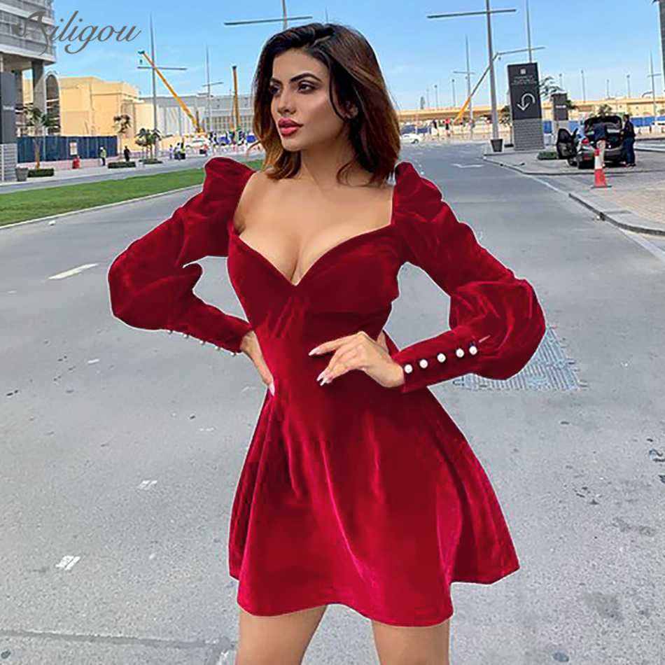 Summer Women'S Retro Solid V-Neck Powder Puff Sleeves Elegant Red Velvet Ladies A-Line Mini Sexy Party Dress 210527