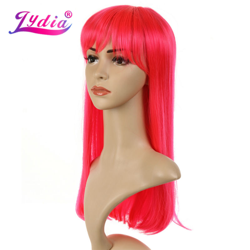 Synthetic Wigs Lydia Pure Color Pink Long Straight 20 Inch Blunt Bang Wig With MONO Web Kanekalon For Women Nature Party