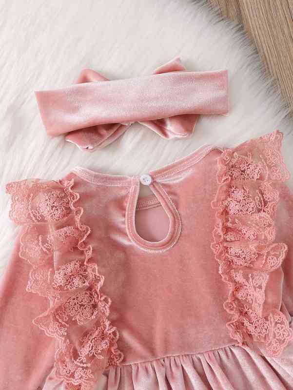Baby Lace Ruffle Trim Bow Front Velvet Dress With Headband SHE