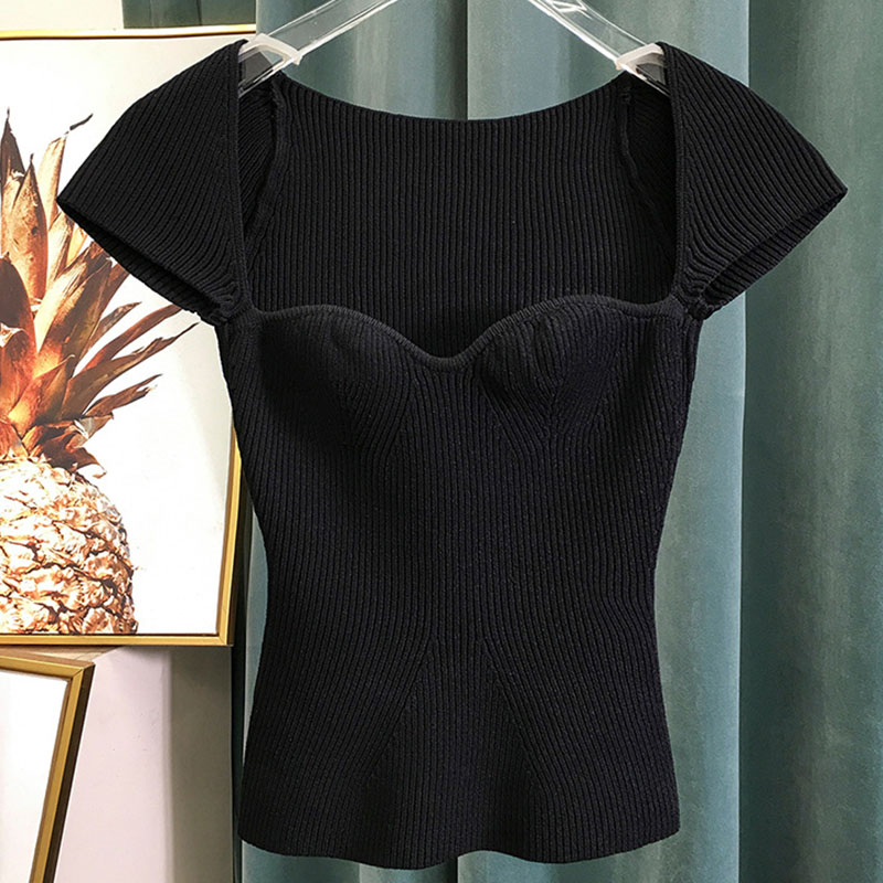 TWOTWINSTYLE Casual Knitting Shirt Women Square Collar Short Sleeve Slim Tunic Blouse Female Fashion Clothing Spring 210308