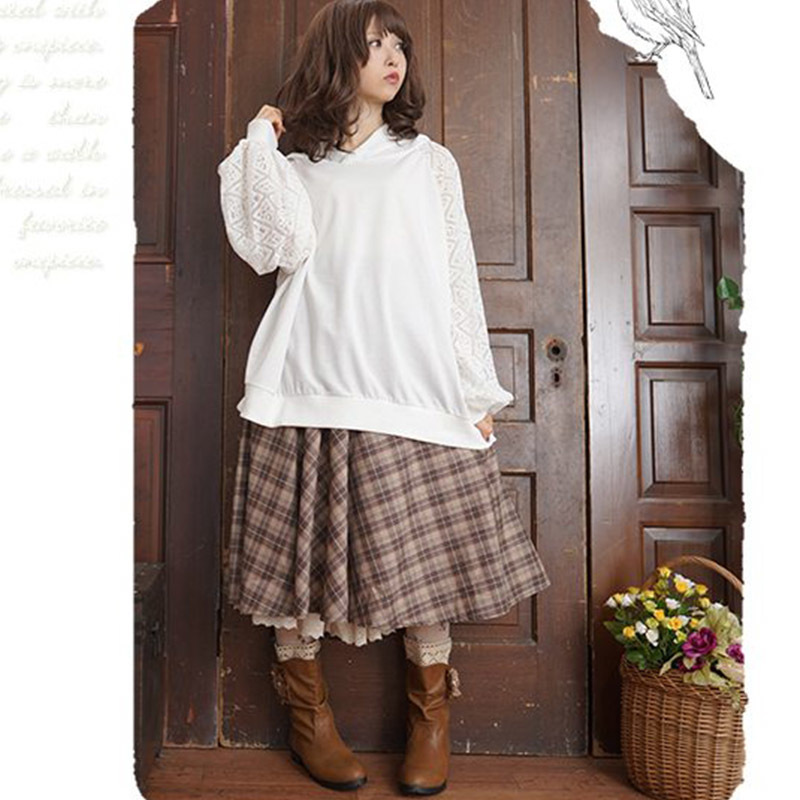 Harajuku Mori Girl Retro Diagonal Plaid Skirt Women Preppy Style Retro Mid Calf Long Section Female Kawaii Cotton Skirts A243 210309