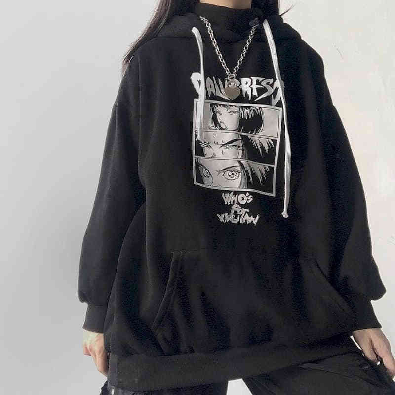 Men's Sad Girl Harajuku Aesthetic Anime Unisex Casual Hoodies Japanese Streetwear Tops Hip hop The Dark Cartoon Print Sweatshirt 201204
