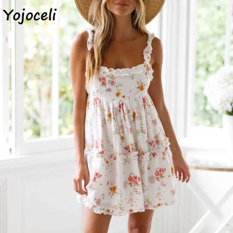 Yojoceli spring summer floral print sundres boho beach mini female vestidos back bow 210609