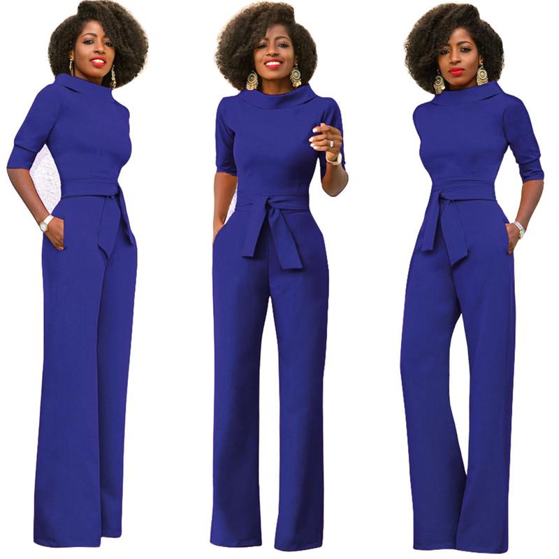 Women's Jumpsuits & Rompers Jumps Elegant Office Work Wear Business Formal 2021 Women Half Sleeve Pockets Wide Leg Pants Romper Fashion Over