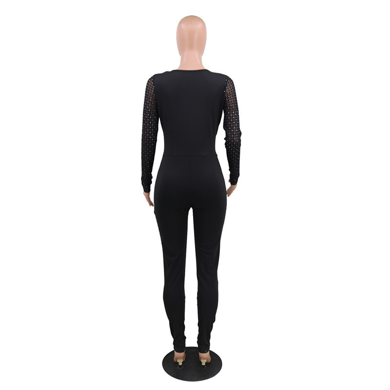 ANJAMANOR Sexy Club Jumpsuits for Women Fall Deep V Neck Long Sleeve Sheer Mesh Sequin Black Bodycon Rompers D57-CE28 201007