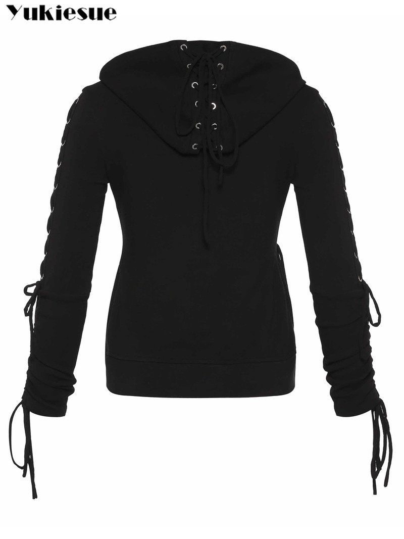 Gothic Punk Women Hoodies Lace up Hooded Long Sleeve Casual Harajuku Darkness Autumn winter Goth Black Sweatshirt Plus Size 201113
