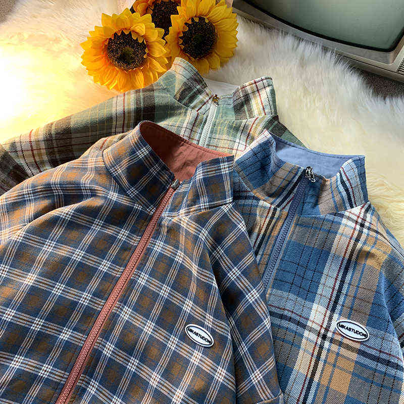 Coat Spring Autumn Casual Stand Jacket Men Korean Reversible Plaid Fashion All Match Loose Fit Jackets Women 211110