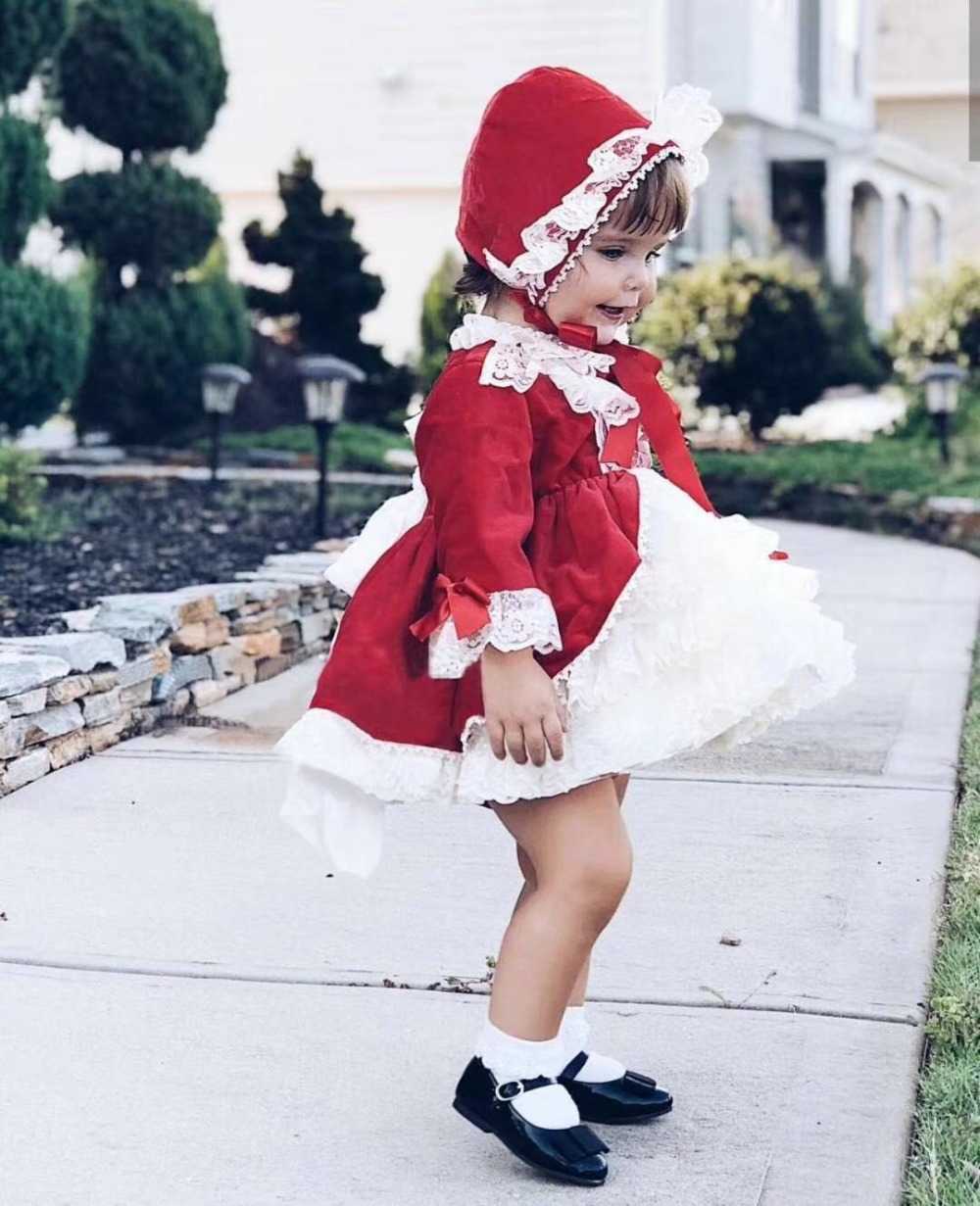 4PCS Girl Autumn Winter Spring Red Velvet Vintage Spanish Princess Lolita Pompom Ball Christmas Birthday Wedding Party Dress Q0716