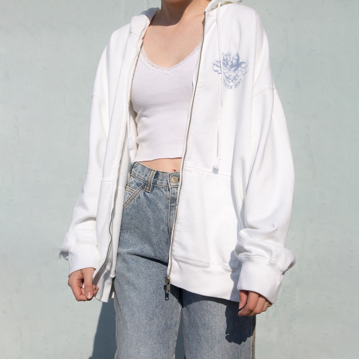 Vintage White Angel Print Hoodie Women Autumn White Cotton Long Sleeve Zipper Tops Female Casual Chic Streetwear Hoodied 201212