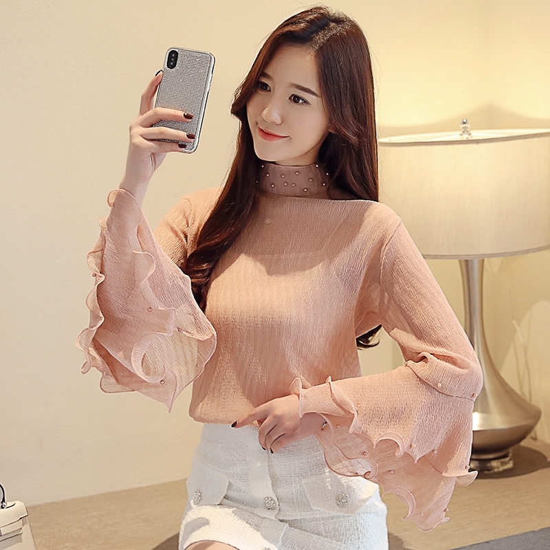 Fashion Womens Blouses Beading Pink Chiffon Blouse Shirt Long Sleeve Women Shirts Womens Tops And Blouses Blusas Femininas A759 210225