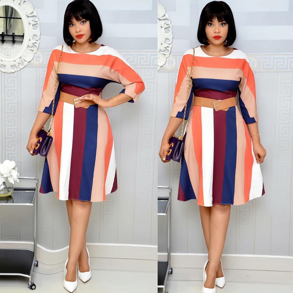 HGTE Rainbow Striped Print Ladies Fashion Dress M-2XL large size rainbow color office dress Business party temperament dress 210309