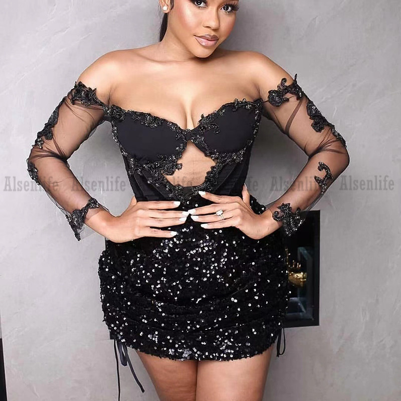 African Short Prom Dress Off the Shoulder Long Sleeves Cocktail Party Gowns Knee Length Sequins Sparkly Formal Evening Wear